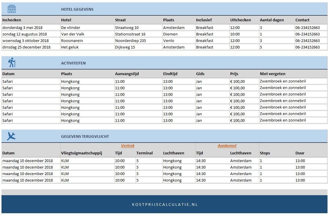 reisplanner in excel