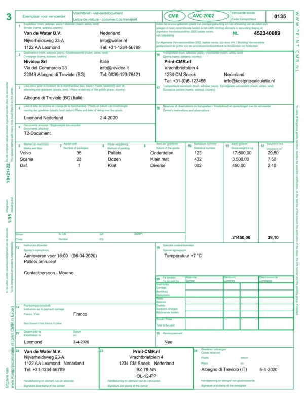 Printcmr - Exemplaar voor de vervoerder