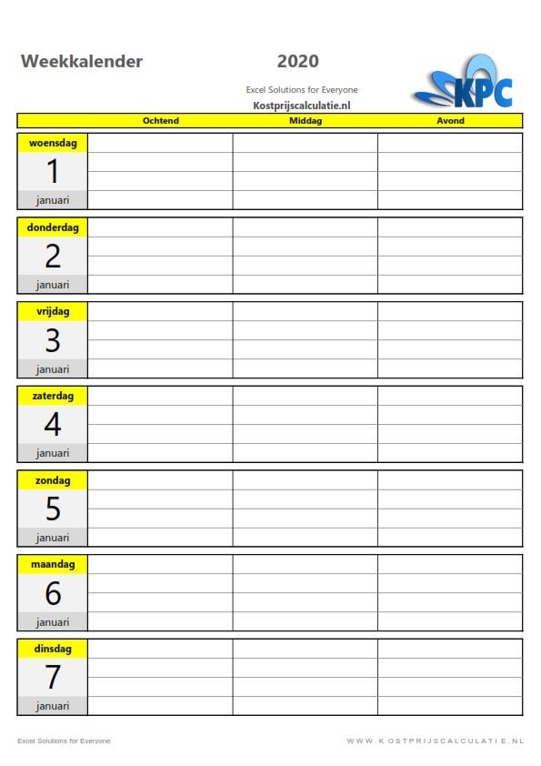 Weekkalender in Excel-geel