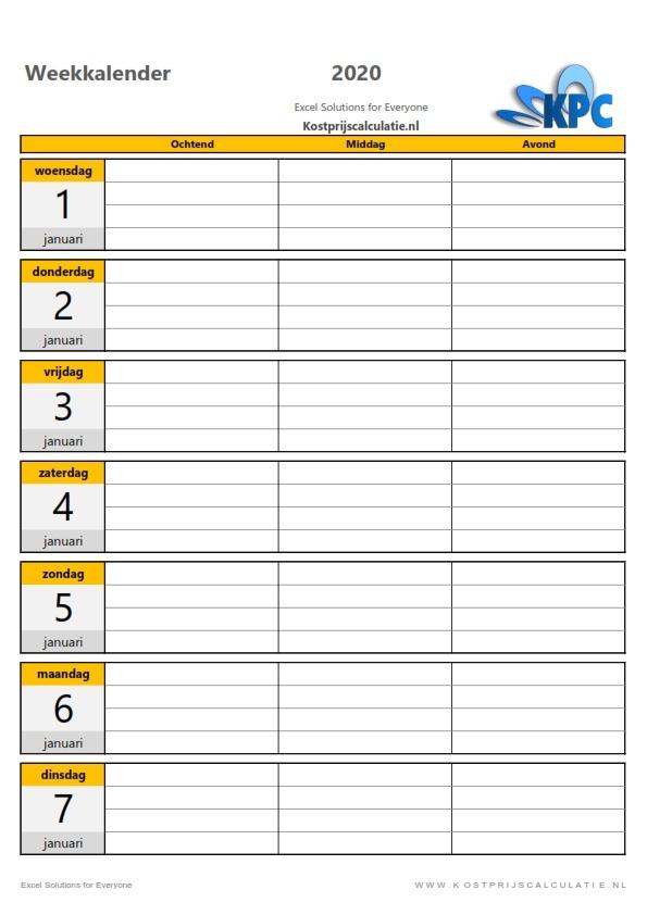 Weekkalender in Excel-oranje