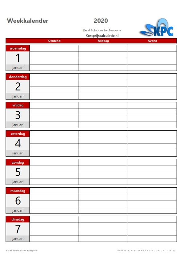 Weekkalender in Excel-rood